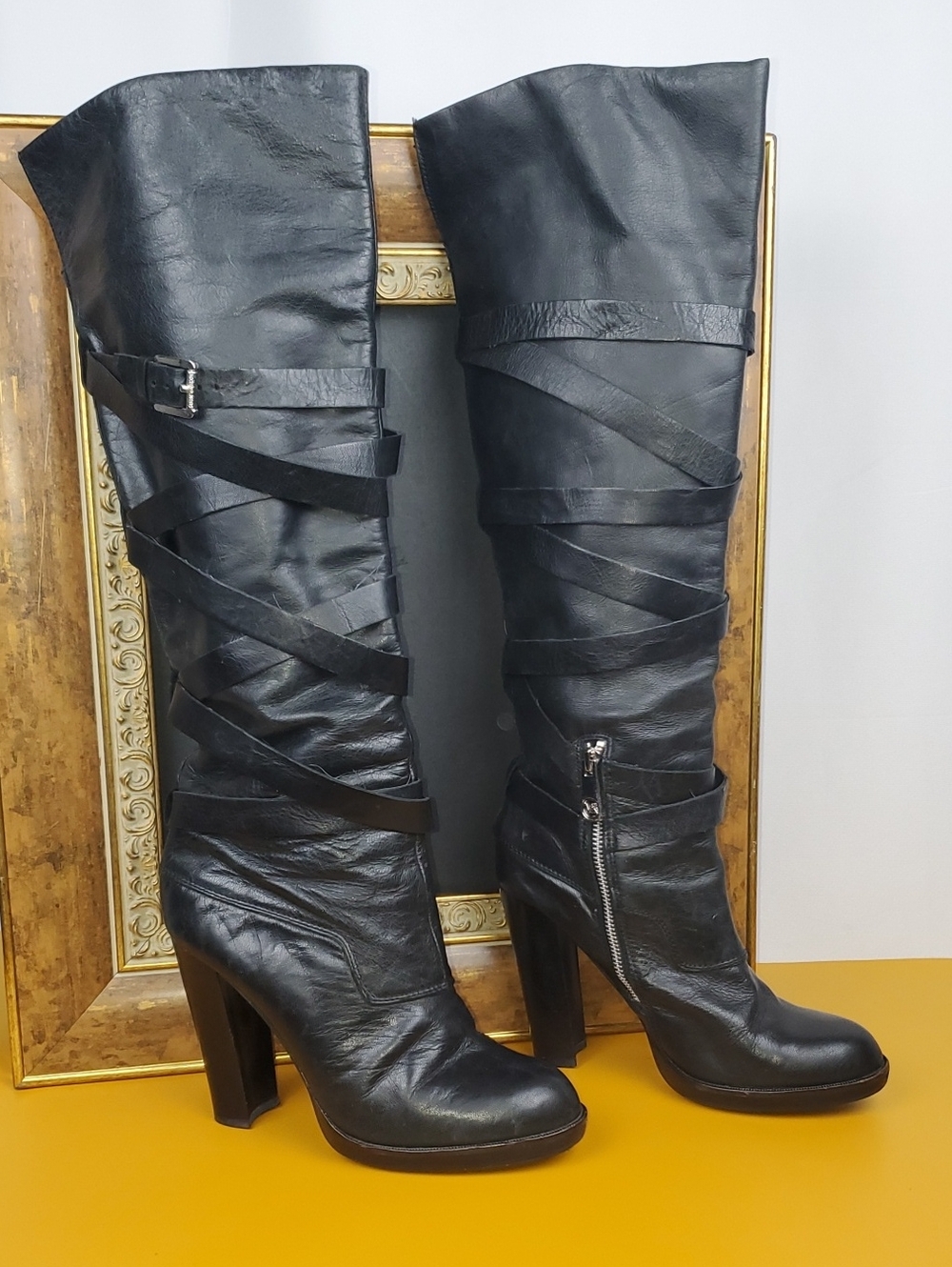 Michael Kors Black Over-the-Knee Leather Boots with Wrap Straps